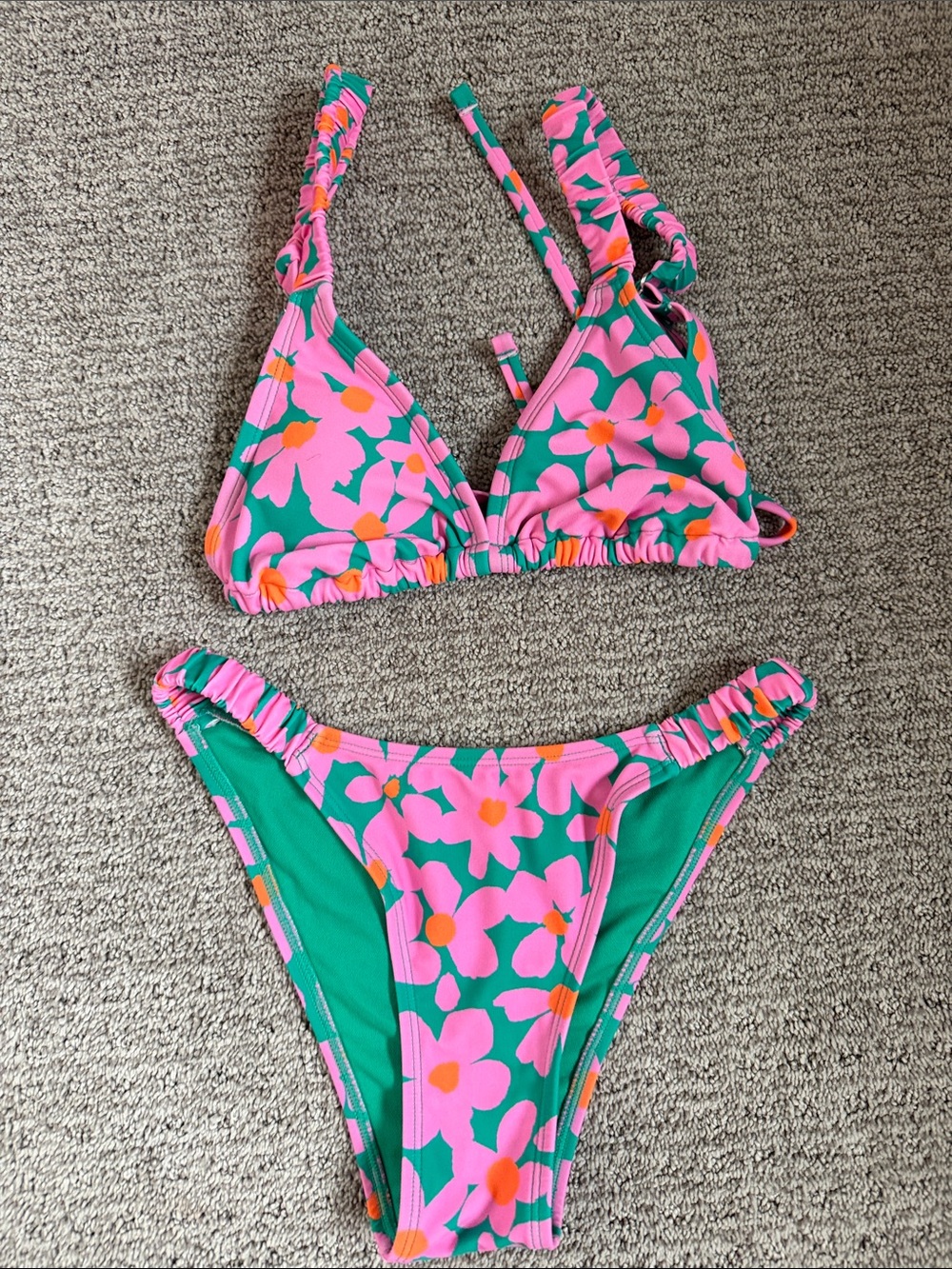 wild fable Pink Floral Triangle Bikini Set with Green Base